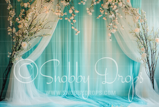 Teal Tulle and Cherry Blossoms Fabric Backdrop-Fabric Photography Backdrop-Snobby Drops Fabric Backdrops for Photography, Exclusive Designs by Tara Mapes Photography, Enchanted Eye Creations by Tara Mapes, photography backgrounds, photography backdrops, fast shipping, US backdrops, cheap photography backdrops