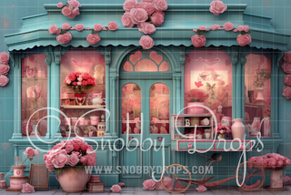 Teal Valentine Flower Shop Fabric Backdrop-Fabric Photography Backdrop-Snobby Drops Fabric Backdrops for Photography, Exclusive Designs by Tara Mapes Photography, Enchanted Eye Creations by Tara Mapes, photography backgrounds, photography backdrops, fast shipping, US backdrops, cheap photography backdrops