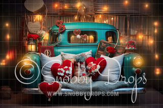 Teal Valentine Truck Valentine Fabric Backdrop-Fabric Photography Backdrop-Snobby Drops Fabric Backdrops for Photography, Exclusive Designs by Tara Mapes Photography, Enchanted Eye Creations by Tara Mapes, photography backgrounds, photography backdrops, fast shipping, US backdrops, cheap photography backdrops