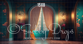 Teal Victorian Room Fabric Backdrop-Fabric Photography Backdrop-Snobby Drops Fabric Backdrops for Photography, Exclusive Designs by Tara Mapes Photography, Enchanted Eye Creations by Tara Mapes, photography backgrounds, photography backdrops, fast shipping, US backdrops, cheap photography backdrops