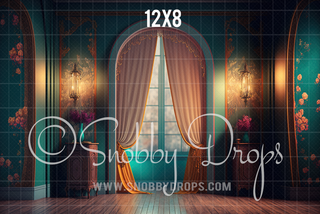 Teal Victorian Room Fabric Backdrop-Fabric Photography Backdrop-Snobby Drops Fabric Backdrops for Photography, Exclusive Designs by Tara Mapes Photography, Enchanted Eye Creations by Tara Mapes, photography backgrounds, photography backdrops, fast shipping, US backdrops, cheap photography backdrops