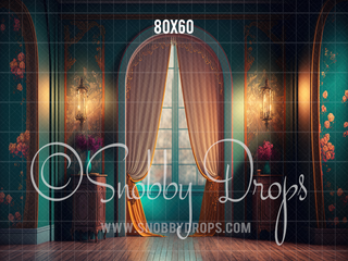 Teal Victorian Room Fabric Backdrop-Fabric Photography Backdrop-Snobby Drops Fabric Backdrops for Photography, Exclusive Designs by Tara Mapes Photography, Enchanted Eye Creations by Tara Mapes, photography backgrounds, photography backdrops, fast shipping, US backdrops, cheap photography backdrops