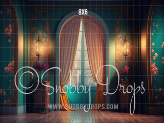 Teal Victorian Room Fabric Backdrop-Fabric Photography Backdrop-Snobby Drops Fabric Backdrops for Photography, Exclusive Designs by Tara Mapes Photography, Enchanted Eye Creations by Tara Mapes, photography backgrounds, photography backdrops, fast shipping, US backdrops, cheap photography backdrops