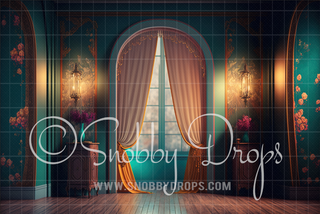 Teal Victorian Room Fabric Backdrop-Fabric Photography Backdrop-Snobby Drops Fabric Backdrops for Photography, Exclusive Designs by Tara Mapes Photography, Enchanted Eye Creations by Tara Mapes, photography backgrounds, photography backdrops, fast shipping, US backdrops, cheap photography backdrops