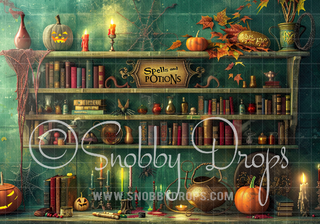 Teal Witch Potion Shop Halloween Fabric Backdrop-Fabric Photography Backdrop-Snobby Drops Fabric Backdrops for Photography, Exclusive Designs by Tara Mapes Photography, Enchanted Eye Creations by Tara Mapes, photography backgrounds, photography backdrops, fast shipping, US backdrops, cheap photography backdrops