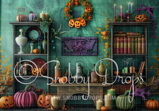 Teal Witch Room Halloween Fabric Backdrop-Fabric Photography Backdrop-Snobby Drops Fabric Backdrops for Photography, Exclusive Designs by Tara Mapes Photography, Enchanted Eye Creations by Tara Mapes, photography backgrounds, photography backdrops, fast shipping, US backdrops, cheap photography backdrops