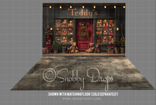 Teddy's Christmas Shop Fabric Photography Backdrop-Fabric Photography Backdrop-Snobby Drops Fabric Backdrops for Photography, Exclusive Designs by Tara Mapes Photography, Enchanted Eye Creations by Tara Mapes, photography backgrounds, photography backdrops, fast shipping, US backdrops, cheap photography backdrops
