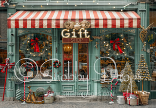 The Gift Shop Mint Green Christmas Shop with Striped Awning Fabric Backdrop-Fabric Photography Backdrop-Snobby Drops Fabric Backdrops for Photography, Exclusive Designs by Tara Mapes Photography, Enchanted Eye Creations by Tara Mapes, photography backgrounds, photography backdrops, fast shipping, US backdrops, cheap photography backdrops