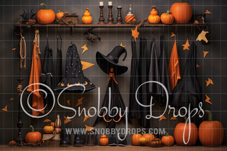 The Playful Witch Wardrobe Halloween Fabric Backdrop-Fabric Photography Backdrop-Snobby Drops Fabric Backdrops for Photography, Exclusive Designs by Tara Mapes Photography, Enchanted Eye Creations by Tara Mapes, photography backgrounds, photography backdrops, fast shipping, US backdrops, cheap photography backdrops