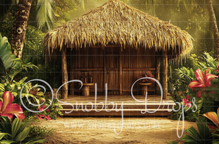 Tiki Hut Landscape Fabric Backdrop-Fabric Photography Backdrop-Snobby Drops Fabric Backdrops for Photography, Exclusive Designs by Tara Mapes Photography, Enchanted Eye Creations by Tara Mapes, photography backgrounds, photography backdrops, fast shipping, US backdrops, cheap photography backdrops