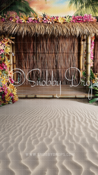 Tiki Hut on Beach Fabric Backdrop Sweep-Fabric Photography Sweep-Snobby Drops Fabric Backdrops for Photography, Exclusive Designs by Tara Mapes Photography, Enchanted Eye Creations by Tara Mapes, photography backgrounds, photography backdrops, fast shipping, US backdrops, cheap photography backdrops