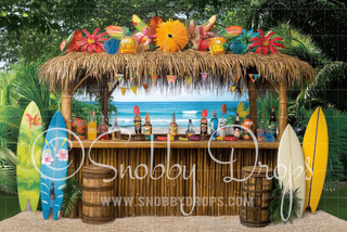 Tiki Hut Surf Boards Landscape Fabric Backdrop-Fabric Photography Backdrop-Snobby Drops Fabric Backdrops for Photography, Exclusive Designs by Tara Mapes Photography, Enchanted Eye Creations by Tara Mapes, photography backgrounds, photography backdrops, fast shipping, US backdrops, cheap photography backdrops