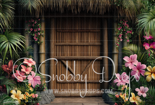 Tiki Hut with Flowers Fabric Backdrop-Fabric Photography Backdrop-Snobby Drops Fabric Backdrops for Photography, Exclusive Designs by Tara Mapes Photography, Enchanted Eye Creations by Tara Mapes, photography backgrounds, photography backdrops, fast shipping, US backdrops, cheap photography backdrops