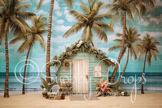 Tropical Beach Shack Fabric Backdrop-Fabric Photography Backdrop-Snobby Drops Fabric Backdrops for Photography, Exclusive Designs by Tara Mapes Photography, Enchanted Eye Creations by Tara Mapes, photography backgrounds, photography backdrops, fast shipping, US backdrops, cheap photography backdrops