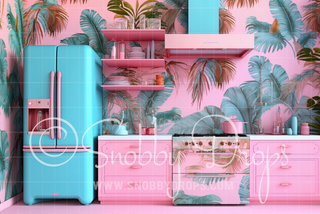 Tropical Doll Kitchen Fabric Backdrop-Fabric Photography Backdrop-Snobby Drops Fabric Backdrops for Photography, Exclusive Designs by Tara Mapes Photography, Enchanted Eye Creations by Tara Mapes, photography backgrounds, photography backdrops, fast shipping, US backdrops, cheap photography backdrops