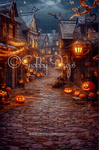 Twinkling Halloween Town Fabric Backdrop Sweep-Fabric Photography Sweep-Snobby Drops Fabric Backdrops for Photography, Exclusive Designs by Tara Mapes Photography, Enchanted Eye Creations by Tara Mapes, photography backgrounds, photography backdrops, fast shipping, US backdrops, cheap photography backdrops