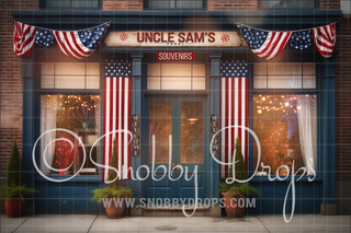 Uncle Sam's - Fourth of July Shop Fabric Backdrop - Patriotic Store Fabric Backdrop-Fabric Photography Backdrop-Snobby Drops Fabric Backdrops for Photography, Exclusive Designs by Tara Mapes Photography, Enchanted Eye Creations by Tara Mapes, photography backgrounds, photography backdrops, fast shipping, US backdrops, cheap photography backdrops