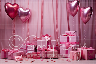 Valentine Heart Balloons and Gifts Pink Valentine Fabric Backdrop-Fabric Photography Backdrop-Snobby Drops Fabric Backdrops for Photography, Exclusive Designs by Tara Mapes Photography, Enchanted Eye Creations by Tara Mapes, photography backgrounds, photography backdrops, fast shipping, US backdrops, cheap photography backdrops