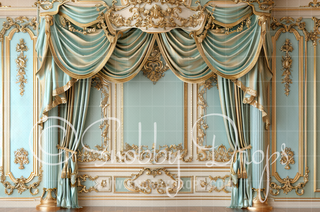 Victorian Room with Pastel Teal Curtains Fabric Backdrop-Fabric Photography Backdrop-Snobby Drops Fabric Backdrops for Photography, Exclusive Designs by Tara Mapes Photography, Enchanted Eye Creations by Tara Mapes, photography backgrounds, photography backdrops, fast shipping, US backdrops, cheap photography backdrops