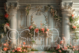 Victorian Room with Pink Roses Fabric Backdrop-Fabric Photography Backdrop-Snobby Drops Fabric Backdrops for Photography, Exclusive Designs by Tara Mapes Photography, Enchanted Eye Creations by Tara Mapes, photography backgrounds, photography backdrops, fast shipping, US backdrops, cheap photography backdrops
