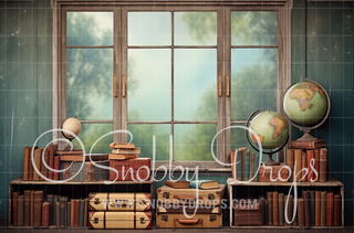 Vintage Back to School Classroom with Globe Fabric Backdrop-Fabric Photography Backdrop-Snobby Drops Fabric Backdrops for Photography, Exclusive Designs by Tara Mapes Photography, Enchanted Eye Creations by Tara Mapes, photography backgrounds, photography backdrops, fast shipping, US backdrops, cheap photography backdrops