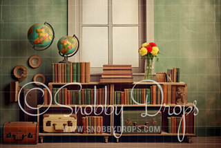 Vintage Back to School Classroom with Luggage and Globes Fabric Backdrop-Fabric Photography Backdrop-Snobby Drops Fabric Backdrops for Photography, Exclusive Designs by Tara Mapes Photography, Enchanted Eye Creations by Tara Mapes, photography backgrounds, photography backdrops, fast shipping, US backdrops, cheap photography backdrops