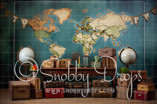 Vintage Back to School Classroom with Luggage and Globes Fabric Backdrop-Fabric Photography Backdrop-Snobby Drops Fabric Backdrops for Photography, Exclusive Designs by Tara Mapes Photography, Enchanted Eye Creations by Tara Mapes, photography backgrounds, photography backdrops, fast shipping, US backdrops, cheap photography backdrops
