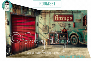 Vintage Car Garage 3 Piece Room Set-Photography Backdrop 3P Room Set-Snobby Drops Fabric Backdrops for Photography, Exclusive Designs by Tara Mapes Photography, Enchanted Eye Creations by Tara Mapes, photography backgrounds, photography backdrops, fast shipping, US backdrops, cheap photography backdrops