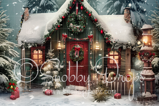 Vintage Christmas Cabin with Pines Fabric Backdrop-Fabric Photography Backdrop-Snobby Drops Fabric Backdrops for Photography, Exclusive Designs by Tara Mapes Photography, Enchanted Eye Creations by Tara Mapes, photography backgrounds, photography backdrops, fast shipping, US backdrops, cheap photography backdrops