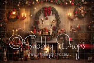 Vintage Christmas Fireplace Fabric Backdrop-Fabric Photography Backdrop-Snobby Drops Fabric Backdrops for Photography, Exclusive Designs by Tara Mapes Photography, Enchanted Eye Creations by Tara Mapes, photography backgrounds, photography backdrops, fast shipping, US backdrops, cheap photography backdrops