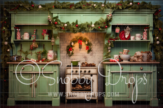 Vintage Christmas Kitchen 3 Piece Room Set-Photography Backdrop 3P Room Set-Snobby Drops Fabric Backdrops for Photography, Exclusive Designs by Tara Mapes Photography, Enchanted Eye Creations by Tara Mapes, photography backgrounds, photography backdrops, fast shipping, US backdrops, cheap photography backdrops
