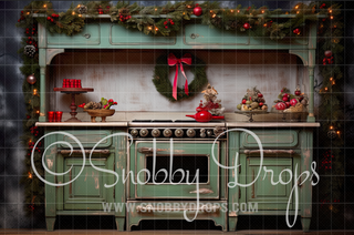 Vintage Christmas Kitchen Fabric Backdrop-Fabric Photography Backdrop-Snobby Drops Fabric Backdrops for Photography, Exclusive Designs by Tara Mapes Photography, Enchanted Eye Creations by Tara Mapes, photography backgrounds, photography backdrops, fast shipping, US backdrops, cheap photography backdrops