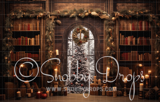 Vintage Christmas Library Room Fabric Backdrop-Fabric Photography Backdrop-Snobby Drops Fabric Backdrops for Photography, Exclusive Designs by Tara Mapes Photography, Enchanted Eye Creations by Tara Mapes, photography backgrounds, photography backdrops, fast shipping, US backdrops, cheap photography backdrops