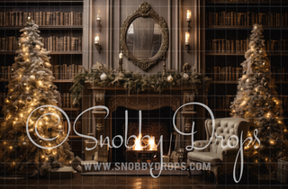 Vintage Christmas Library Room Fabric Backdrop-Fabric Photography Backdrop-Snobby Drops Fabric Backdrops for Photography, Exclusive Designs by Tara Mapes Photography, Enchanted Eye Creations by Tara Mapes, photography backgrounds, photography backdrops, fast shipping, US backdrops, cheap photography backdrops