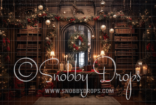 Vintage Christmas Library Room Fabric Backdrop-Fabric Photography Backdrop-Snobby Drops Fabric Backdrops for Photography, Exclusive Designs by Tara Mapes Photography, Enchanted Eye Creations by Tara Mapes, photography backgrounds, photography backdrops, fast shipping, US backdrops, cheap photography backdrops