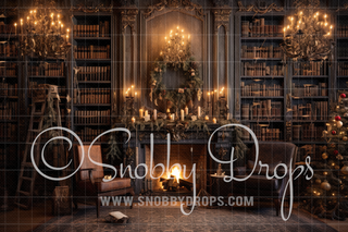 Vintage Christmas Library Room Fabric Backdrop-Fabric Photography Backdrop-Snobby Drops Fabric Backdrops for Photography, Exclusive Designs by Tara Mapes Photography, Enchanted Eye Creations by Tara Mapes, photography backgrounds, photography backdrops, fast shipping, US backdrops, cheap photography backdrops
