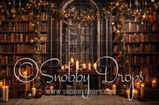 Vintage Christmas Library Room Fabric Backdrop-Fabric Photography Backdrop-Snobby Drops Fabric Backdrops for Photography, Exclusive Designs by Tara Mapes Photography, Enchanted Eye Creations by Tara Mapes, photography backgrounds, photography backdrops, fast shipping, US backdrops, cheap photography backdrops