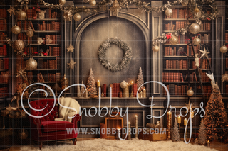 Vintage Christmas Library Room Fabric Backdrop-Fabric Photography Backdrop-Snobby Drops Fabric Backdrops for Photography, Exclusive Designs by Tara Mapes Photography, Enchanted Eye Creations by Tara Mapes, photography backgrounds, photography backdrops, fast shipping, US backdrops, cheap photography backdrops