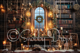 Vintage Christmas Library Room Fabric Backdrop-Fabric Photography Backdrop-Snobby Drops Fabric Backdrops for Photography, Exclusive Designs by Tara Mapes Photography, Enchanted Eye Creations by Tara Mapes, photography backgrounds, photography backdrops, fast shipping, US backdrops, cheap photography backdrops