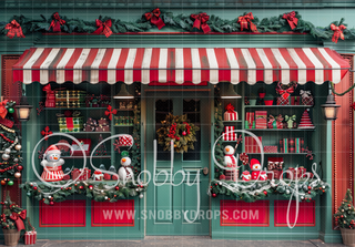 Vintage Christmas Shop with Striped Awning Fabric Backdrop-Fabric Photography Backdrop-Snobby Drops Fabric Backdrops for Photography, Exclusive Designs by Tara Mapes Photography, Enchanted Eye Creations by Tara Mapes, photography backgrounds, photography backdrops, fast shipping, US backdrops, cheap photography backdrops