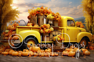 Vintage Fall Yellow Truck Fabric Backdrop-Fabric Photography Backdrop-Snobby Drops Fabric Backdrops for Photography, Exclusive Designs by Tara Mapes Photography, Enchanted Eye Creations by Tara Mapes, photography backgrounds, photography backdrops, fast shipping, US backdrops, cheap photography backdrops