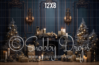 Vintage Navy and Gold Christmas Room with Mantle Fabric Backdrop-Fabric Photography Backdrop-Snobby Drops Fabric Backdrops for Photography, Exclusive Designs by Tara Mapes Photography, Enchanted Eye Creations by Tara Mapes, photography backgrounds, photography backdrops, fast shipping, US backdrops, cheap photography backdrops