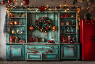 Vintage Red and Teal Christmas Kitchen 3 Piece Room Set-Photography Backdrop 3P Room Set-Snobby Drops Fabric Backdrops for Photography, Exclusive Designs by Tara Mapes Photography, Enchanted Eye Creations by Tara Mapes, photography backgrounds, photography backdrops, fast shipping, US backdrops, cheap photography backdrops