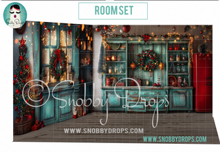 Vintage Red and Teal Christmas Kitchen 3 Piece Room Set-Photography Backdrop 3P Room Set-Snobby Drops Fabric Backdrops for Photography, Exclusive Designs by Tara Mapes Photography, Enchanted Eye Creations by Tara Mapes, photography backgrounds, photography backdrops, fast shipping, US backdrops, cheap photography backdrops