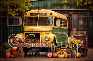 Vintage School Bus Fall Fabric Backdrop-Fabric Photography Backdrop-Snobby Drops Fabric Backdrops for Photography, Exclusive Designs by Tara Mapes Photography, Enchanted Eye Creations by Tara Mapes, photography backgrounds, photography backdrops, fast shipping, US backdrops, cheap photography backdrops