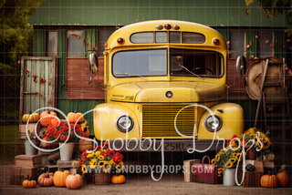 Vintage School Bus Fall Fabric Backdrop-Fabric Photography Backdrop-Snobby Drops Fabric Backdrops for Photography, Exclusive Designs by Tara Mapes Photography, Enchanted Eye Creations by Tara Mapes, photography backgrounds, photography backdrops, fast shipping, US backdrops, cheap photography backdrops