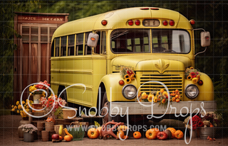 Vintage School Bus Fall Fabric Backdrop-Fabric Photography Backdrop-Snobby Drops Fabric Backdrops for Photography, Exclusive Designs by Tara Mapes Photography, Enchanted Eye Creations by Tara Mapes, photography backgrounds, photography backdrops, fast shipping, US backdrops, cheap photography backdrops