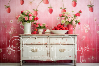 Vintage Strawberry Cabinet Room Fabric Backdrop-Fabric Photography Backdrop-Snobby Drops Fabric Backdrops for Photography, Exclusive Designs by Tara Mapes Photography, Enchanted Eye Creations by Tara Mapes, photography backgrounds, photography backdrops, fast shipping, US backdrops, cheap photography backdrops