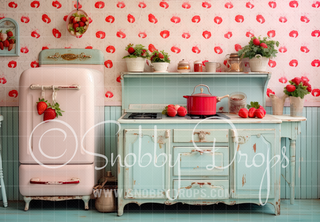 Vintage Strawberry Kitchen Fabric Backdrop-Fabric Photography Backdrop-Snobby Drops Fabric Backdrops for Photography, Exclusive Designs by Tara Mapes Photography, Enchanted Eye Creations by Tara Mapes, photography backgrounds, photography backdrops, fast shipping, US backdrops, cheap photography backdrops