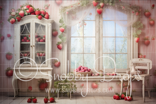 Vintage Strawberry Room Fabric Backdrop-Fabric Photography Backdrop-Snobby Drops Fabric Backdrops for Photography, Exclusive Designs by Tara Mapes Photography, Enchanted Eye Creations by Tara Mapes, photography backgrounds, photography backdrops, fast shipping, US backdrops, cheap photography backdrops